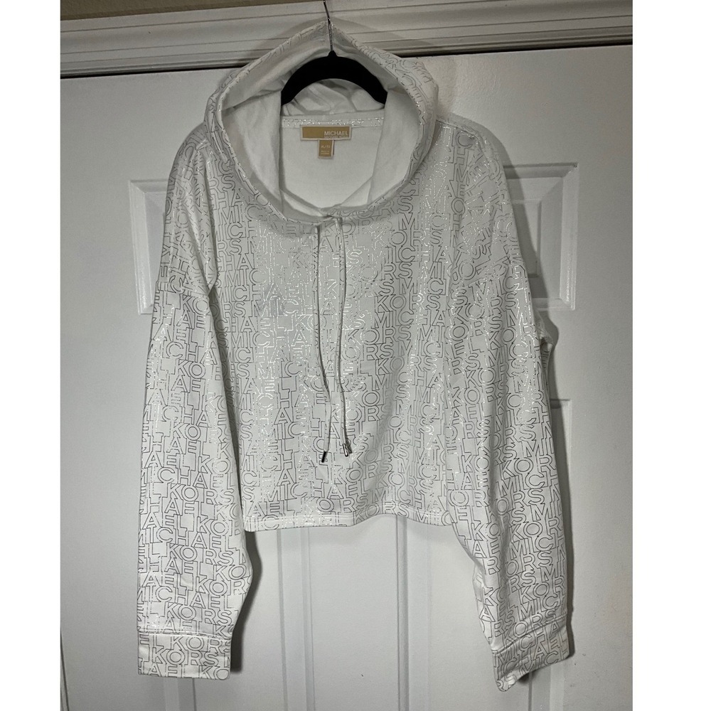 Michael Kors Womens White Silver Metallic Logo Cropped Hoodie XL Pullover